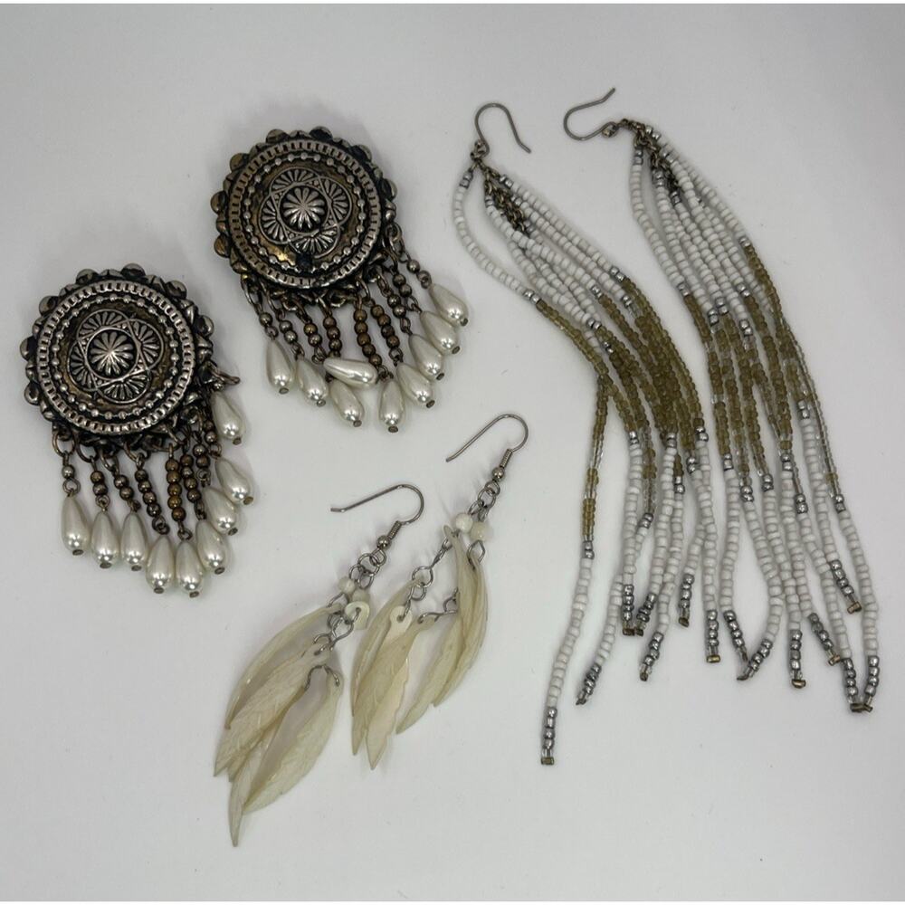 Boho Dangle Earrings Lot Shell Feather Seed Bead Southwestern Statement Neutral